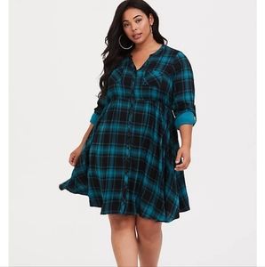 Torrid Teal Plaid Challis Shirt Dress